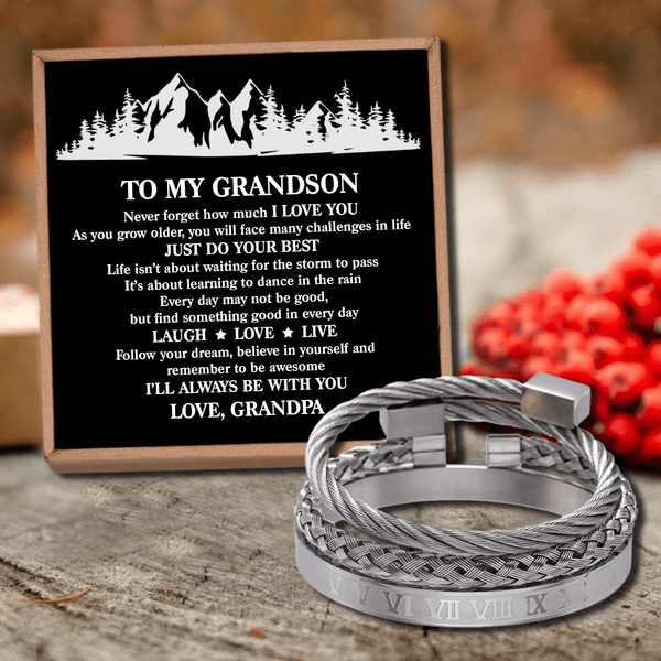 Bracelets Grandpa To Grandson - Just Do Your Best Roman Numeral Bracelet Set Silver GiveMe-Gifts