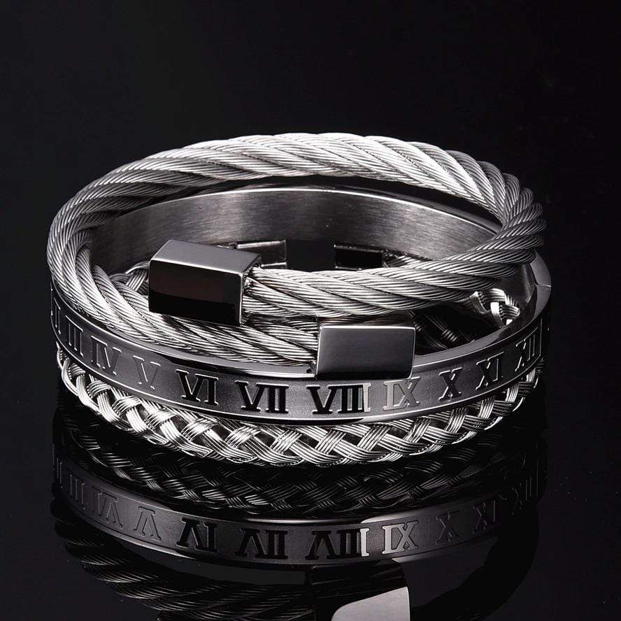 Bracelets Mom To Son - Just Do Your Best Roman Numeral Bangle Weave Bracelets Set Silver GiveMe-Gifts